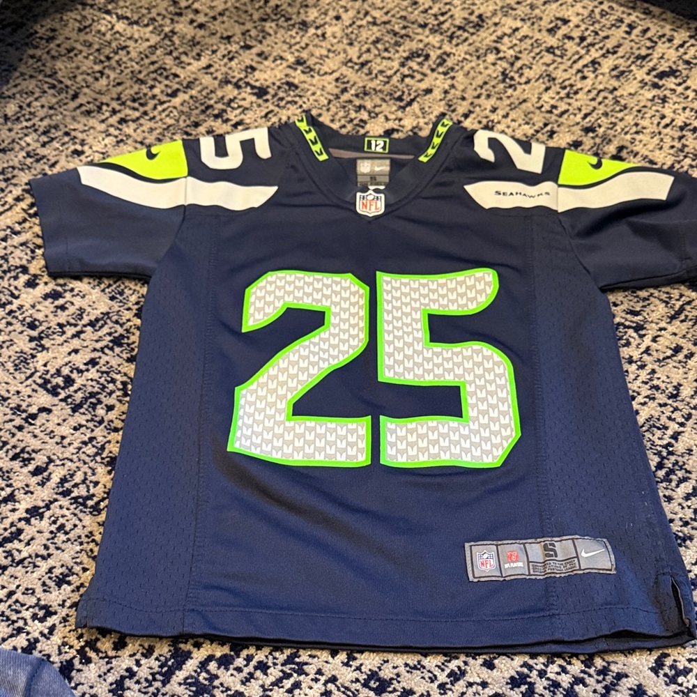 Seahawks Sherman Nike Kids Blue and Green Sports Jersey